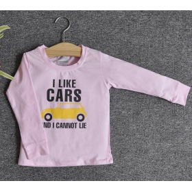 TDE7109 - Áo thun trẻ em cổ tròn tay dài in chữ I Like Car (Hồng phấn)