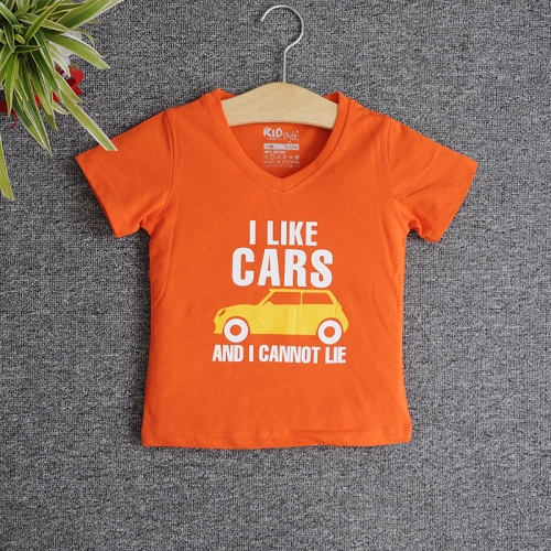 VNE7107 - Áo thun trẻ em cổ tim tay ngắn in chữ I Like Car (Hồng cam)