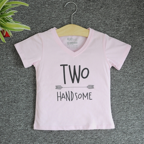 VNE7209 - Áo thun trẻ em cổ tim tay ngắn in chữ Two Handsome (Hồng phấn)