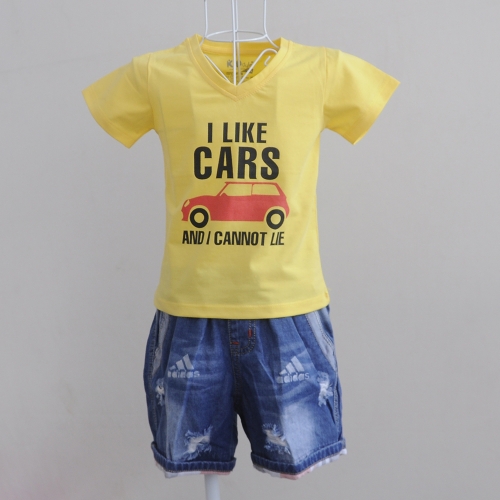 KST1011 - Kidset áo thun cổ tim màu vàng chanh in chữ I like Car và quần jean short lưng thun