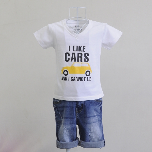 KLT503 - Kidset áo thun cổ tim màu xám in chữ I like Car và quần jean lửng Kidstyle