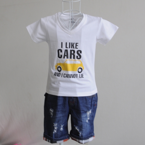 KST1011 - Kidset áo thun cổ tim màu vàng chanh in chữ I like Car và quần jean short lưng thun